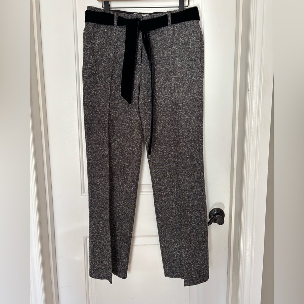 Coldwater Creek gray tweed pants with black velvet belt 12 high rise straight